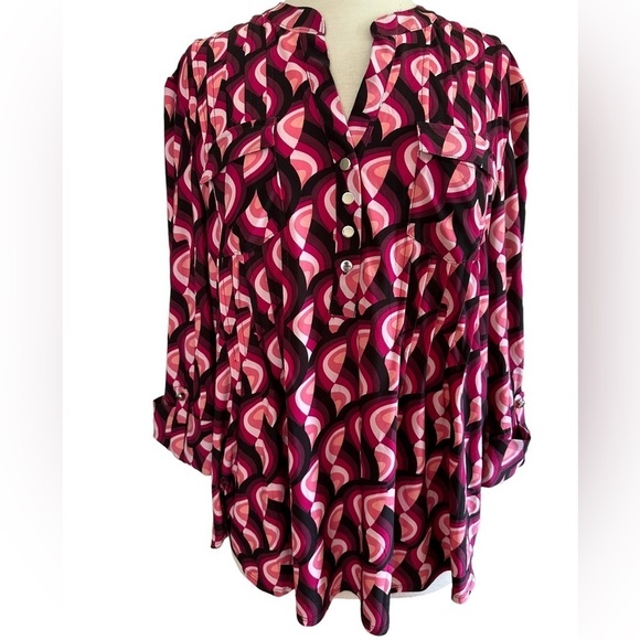 Cocomo Tops - COCOMO Large Burgundy Red 3/4 sleeve multicolored women’s pintuck Blouse shirt